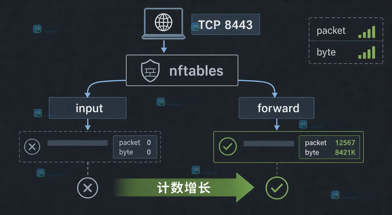 Linux nftables 计数器从客户端请求到 input 或 forward 链的命中判断，展示计数增长与未命中的分叉