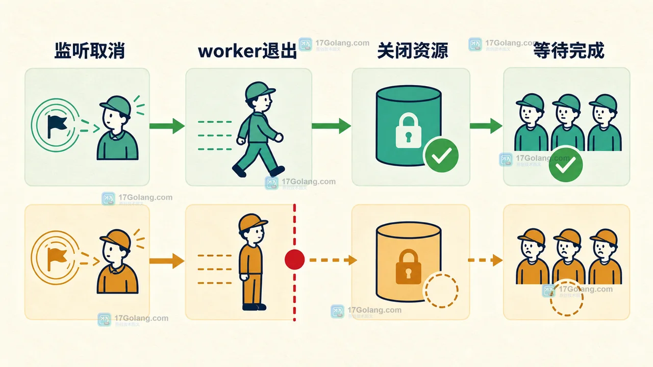 Go context 取消后经由 select 监听、资源关闭和 WaitGroup 等待完成收敛的路径图