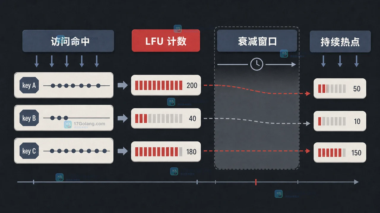 Redis LFU 访问计数与衰减周期示意：短时热点经过时间窗口后降低保留优先级