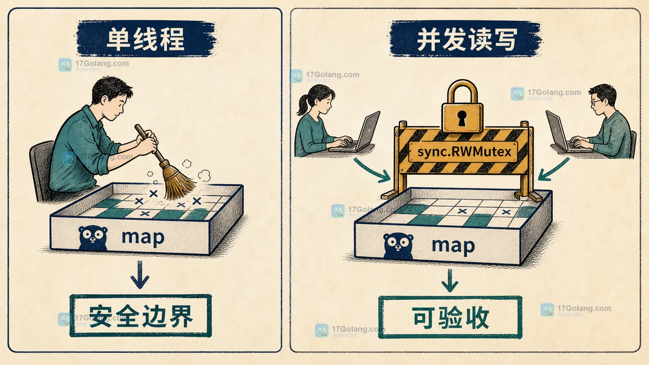 Go maps.DeleteFunc 单线程清理与并发访问边界对照，显示外部同步保护 map 的安全工程证据插画