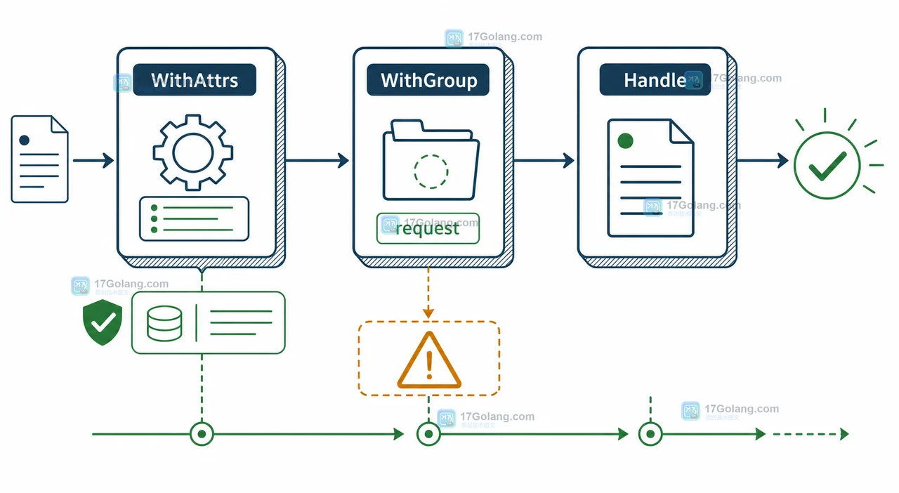 Go slog 自定义 Handler 的 WithAttrs、WithGroup、Handle 调用链与请求字段验证
