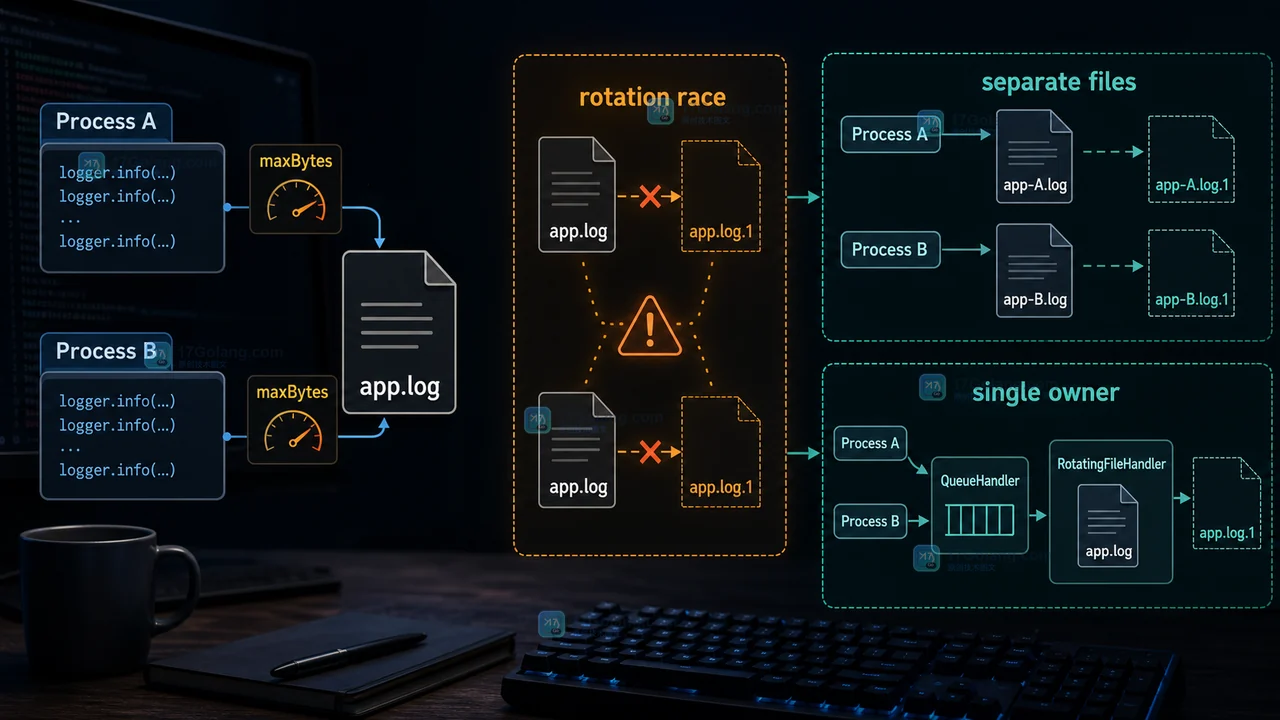 Python 多进程共享 RotatingFileHandler 时两个进程同时触发轮转并导致文件编号竞争的边界示意