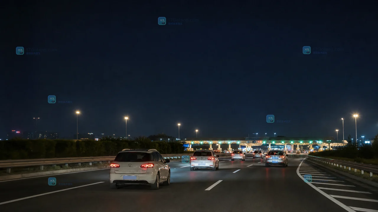 夜间高速出口前车辆有序驶向收费车道的原创场景示意图