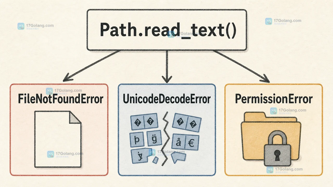 Python pathlib 文本读取面对文件缺失、编码不匹配和权限失败时的分支示意图