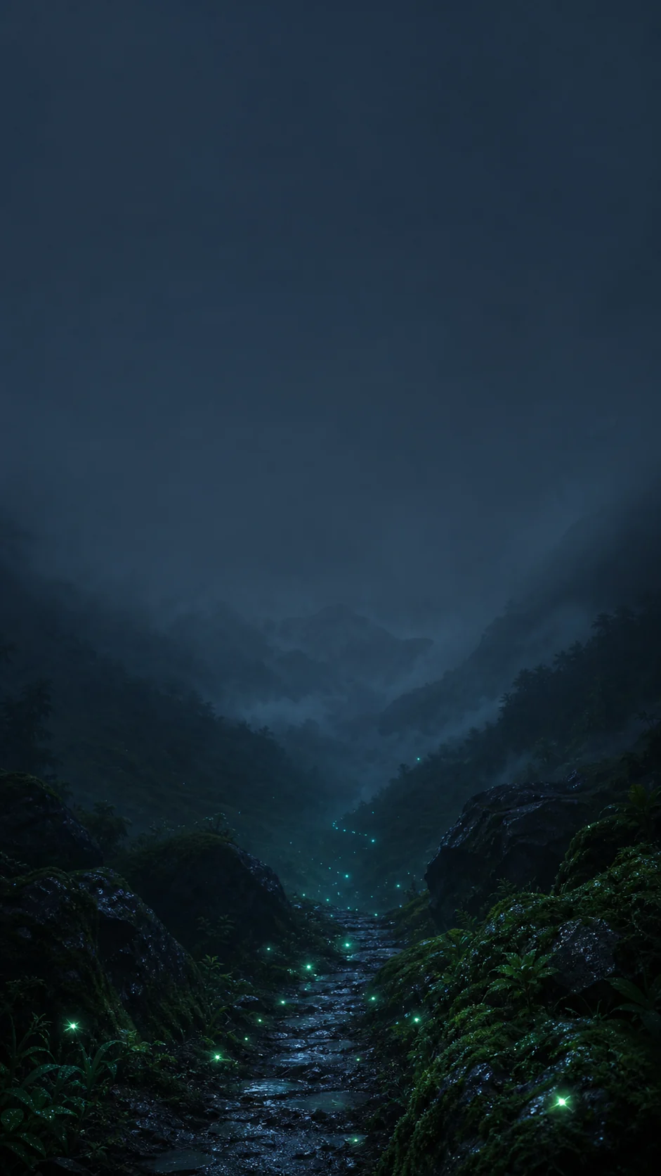 雨后山谷萤火星河手机壁纸主图，顶部暗部留白，蓝绿色光点沿小径形成纵向层次