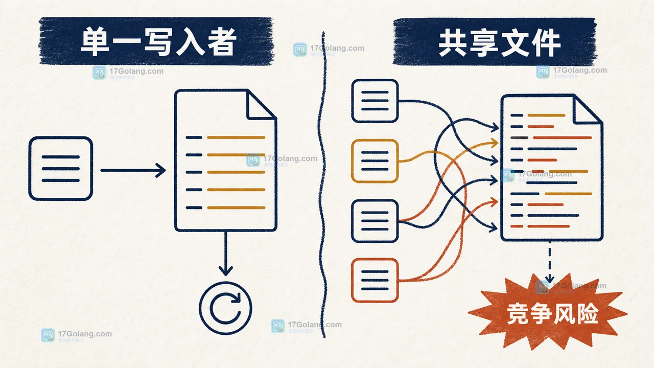 Python 日志滚动中单一写入者与多个进程共享文件的边界示意图
