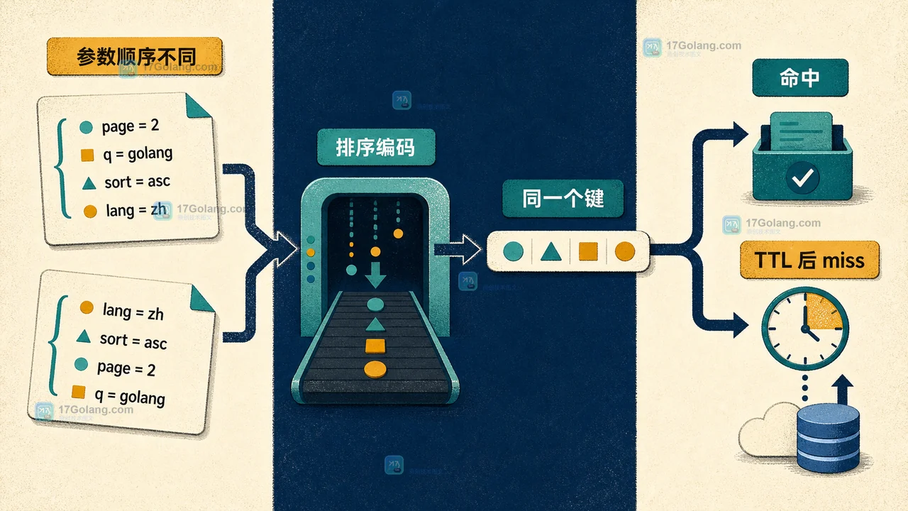 Go map 参数校验后生成稳定缓存键并分别检查命中、回源写入和过期结果