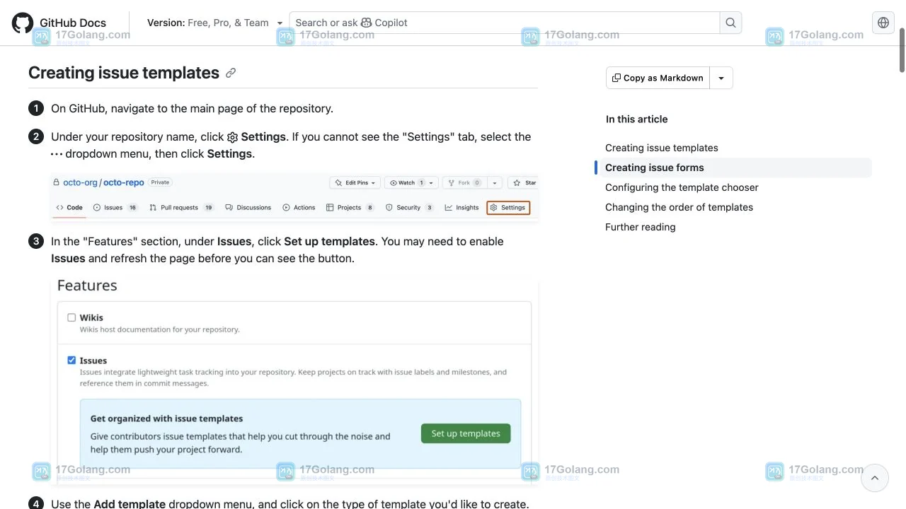 GitHub Issue 模板编辑表单中的名称、说明和字段配置界面截图