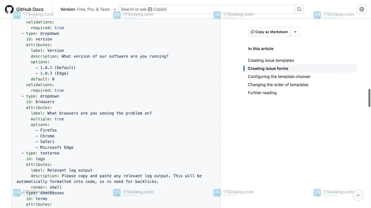 GitHub Issue 表单结果页面显示预设字段和下拉选项的真实官方界面截图