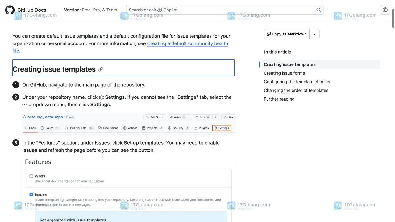 GitHub 仓库 Settings 页面中 Features 与 Issues 区域的真实界面截图