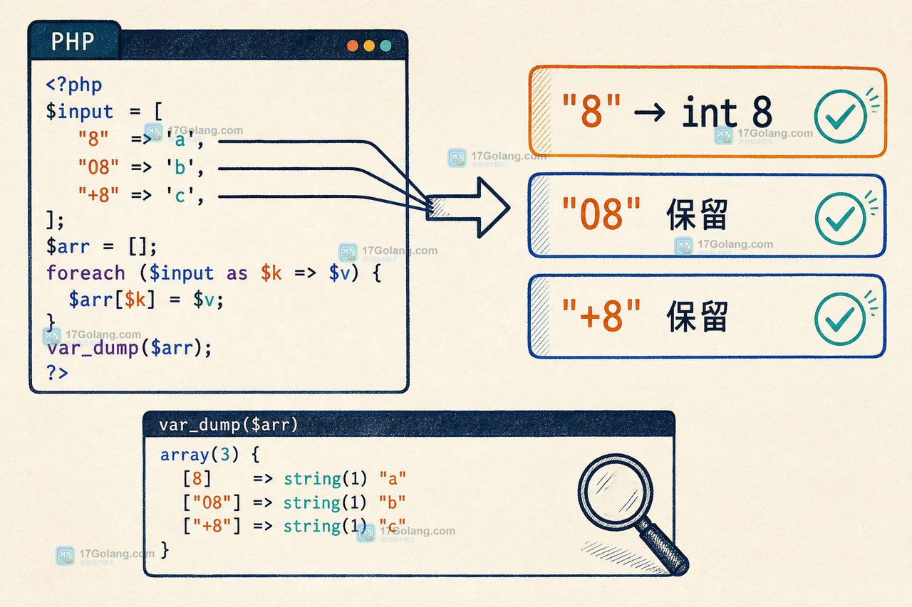 PHP 数组键转换边界:数字字符串 8 进入整数键,而 08 与加号形式保留不同语义