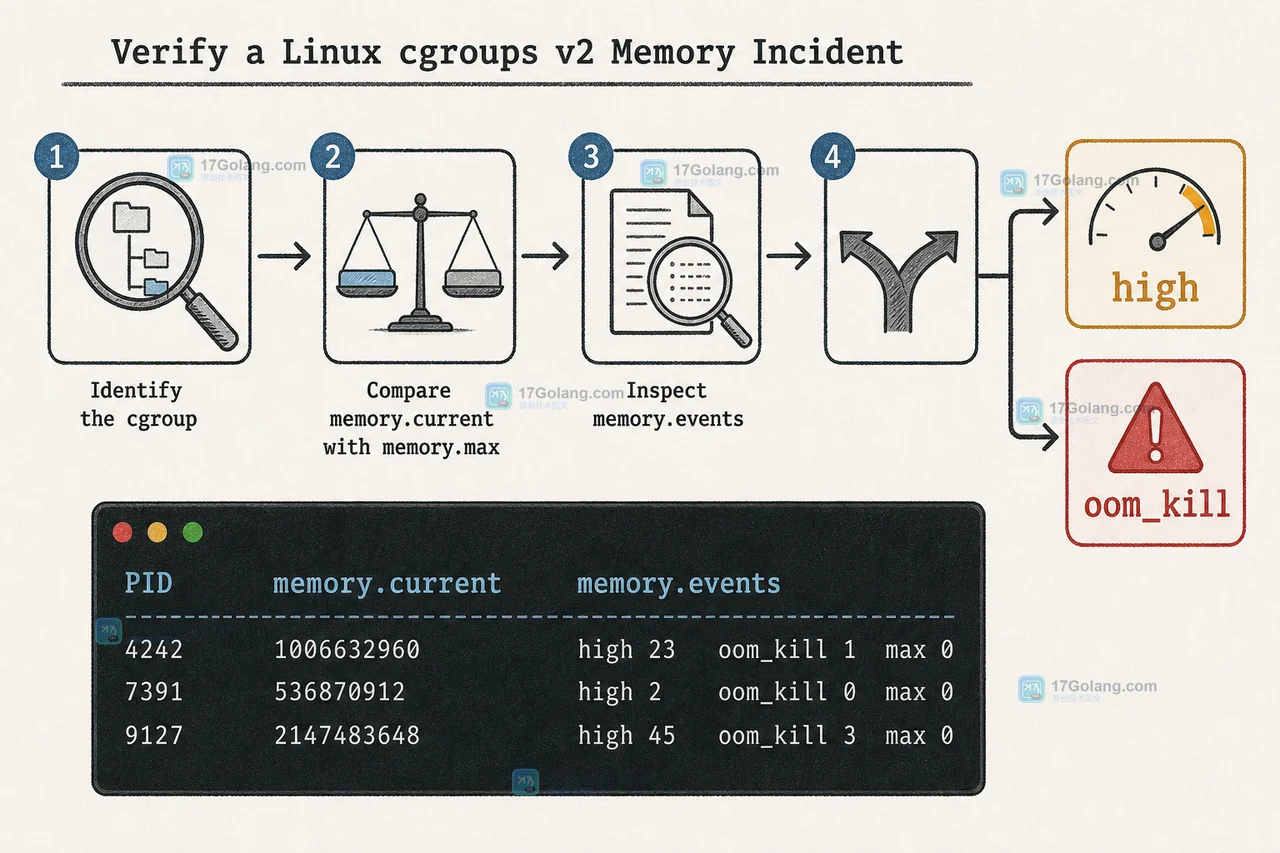 Linux cgroups v2 事件核对路径：先比较 memory.current 与 memory.max，再检查 memory.events 中 high 和 oom_kill 的变化