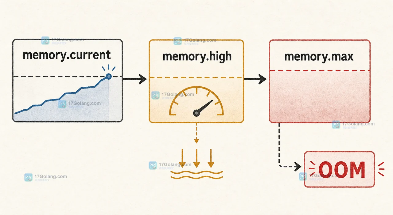 Linux cgroups v2 内存限制阶梯：memory.current 接近 memory.high 后进入压力控制，超过 memory.max 才进入硬上限路径