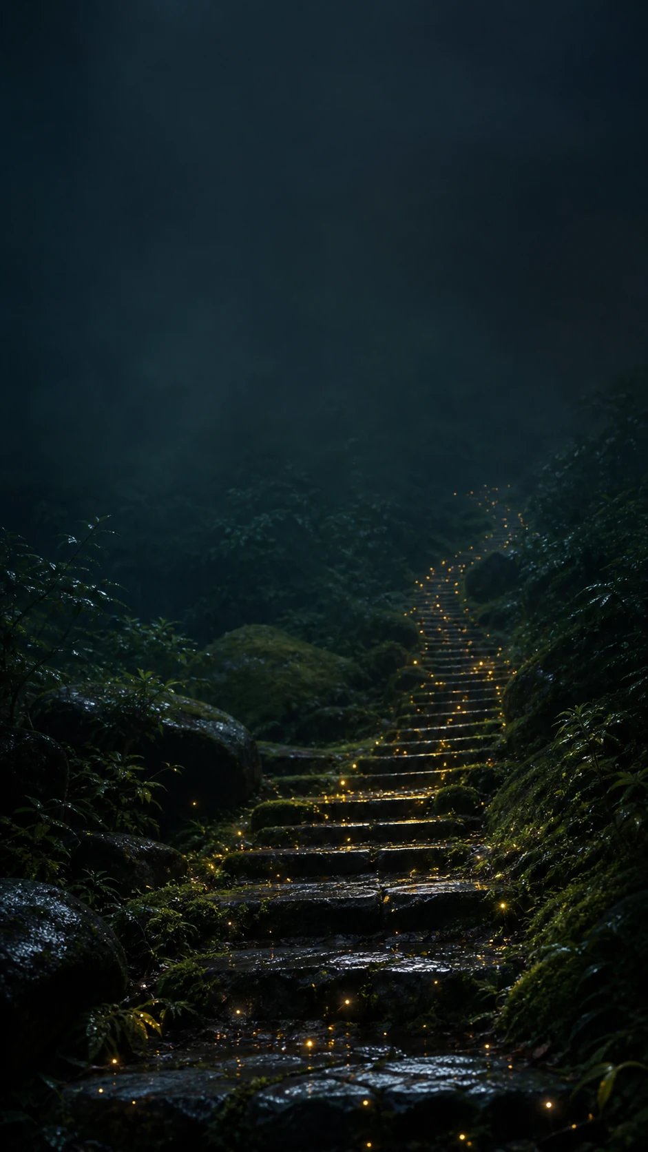 雨后苔藓石阶上延伸的萤火星河竖屏手机锁屏壁纸