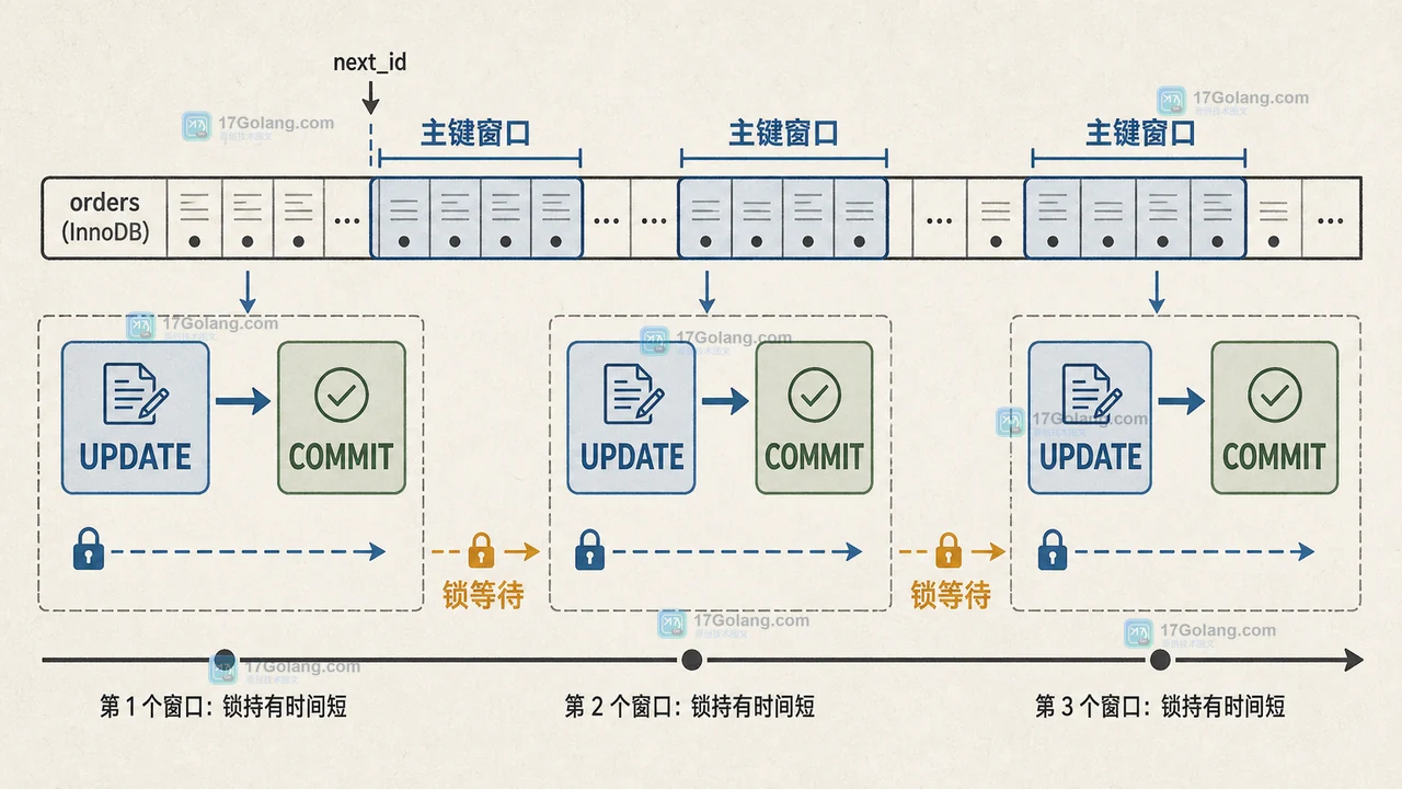 MySQL 按主键窗口分批更新并提交后缩短锁等待的前后对照