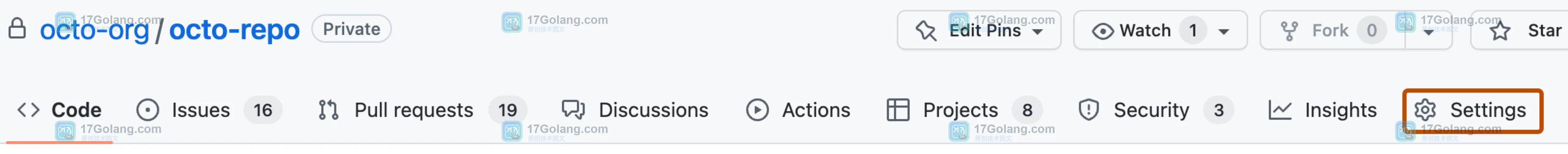 GitHub 官方仓库页面顶部标签栏，Settings 标签被突出显示