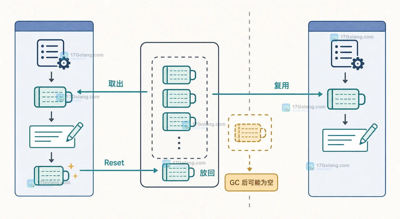 Go sync.Pool 在两个请求之间复用 bytes.Buffer,并在 GC 边界后允许重新创建对象