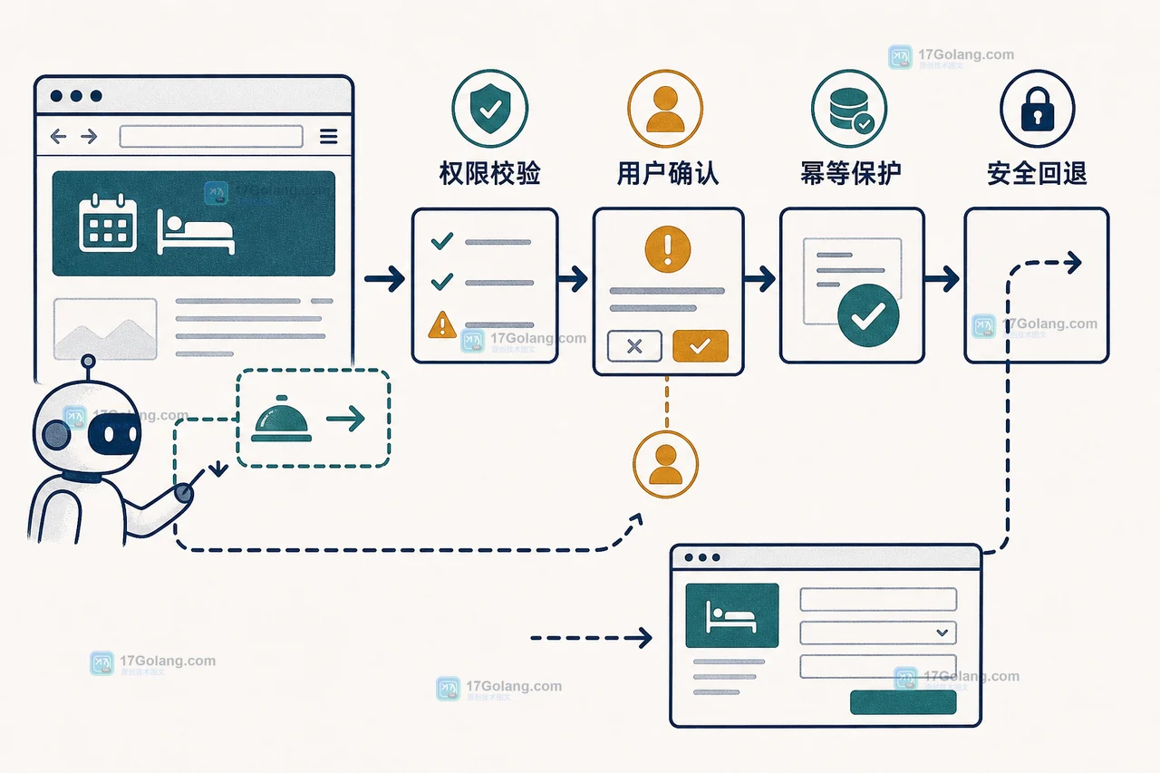 WebMCP 写操作在权限校验、用户确认、幂等处理后返回成功或回退普通表单