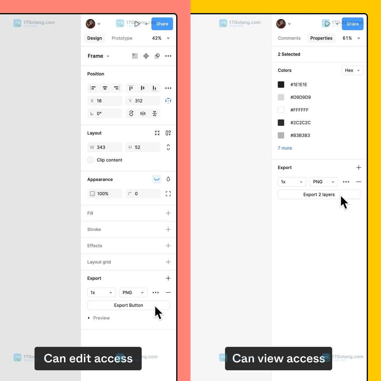 Figma 官方界面中选中对象、Can edit access 与 Can view access 下的 Export 面板