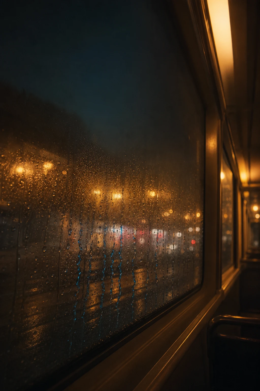 雨夜电车窗边蓝色雨痕与暖琥珀车厢灯光的竖屏手机壁纸变体