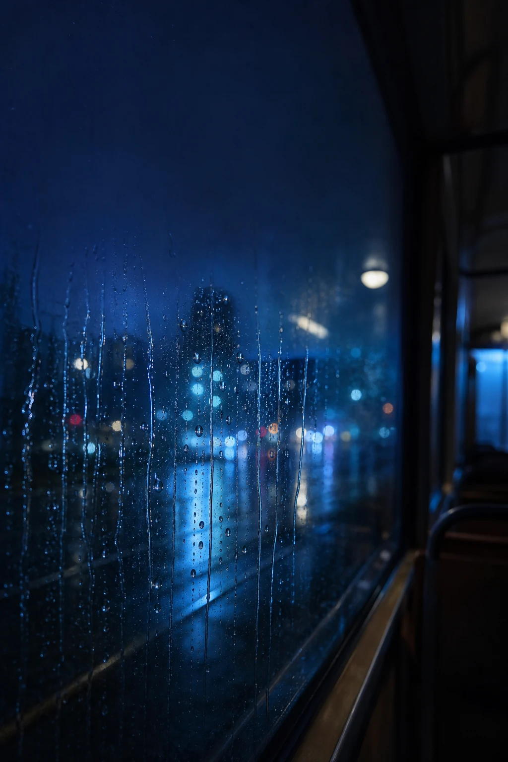 雨夜电车窗边蓝色雨痕的竖屏手机锁屏壁纸，顶部保留干净深蓝留白