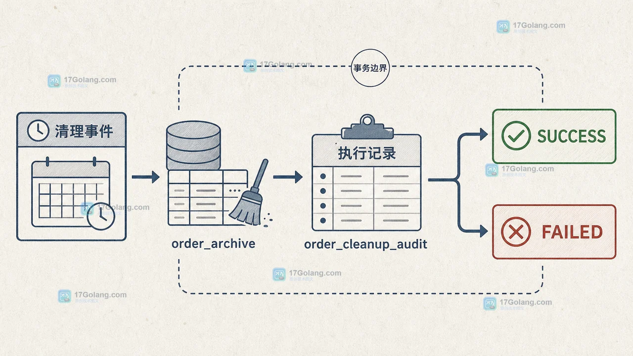 MySQL 定时清理事件写入 order_cleanup_audit 并分出 SUCCESS 与 FAILED 的执行记录图