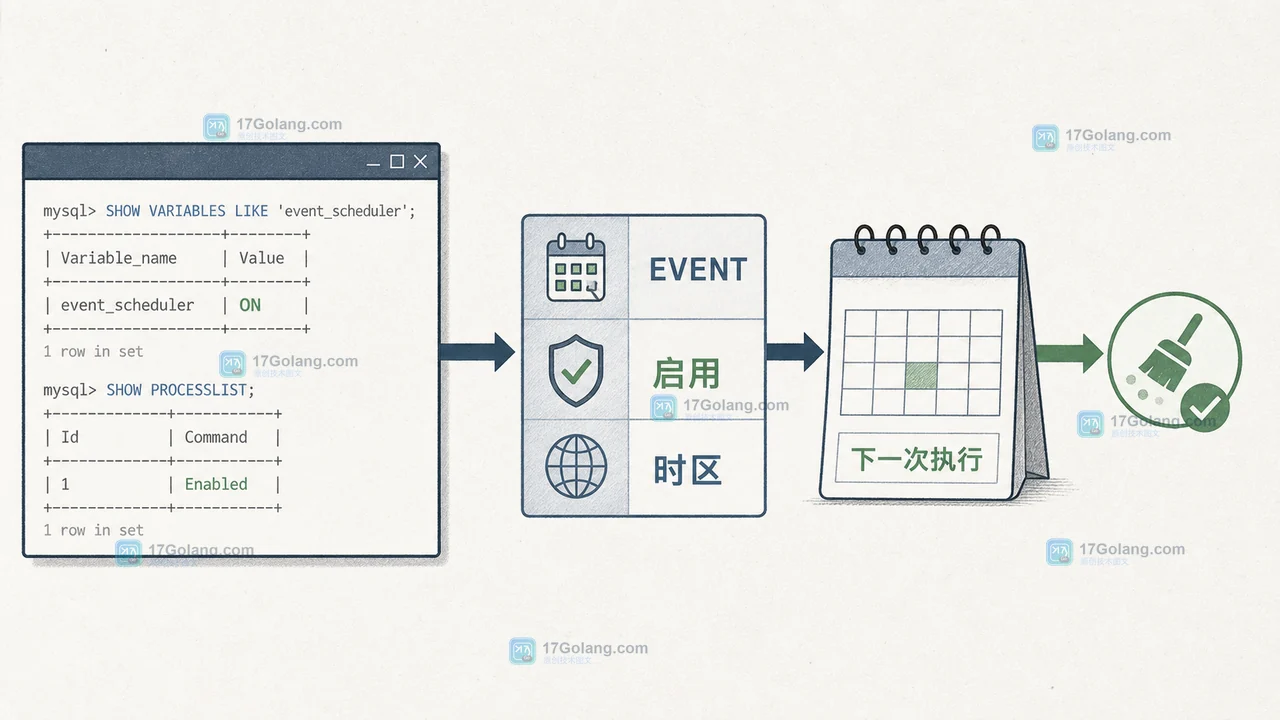 MySQL EVENT 调度器从 event_scheduler 启用状态到下一次清理执行的二维工程证据图