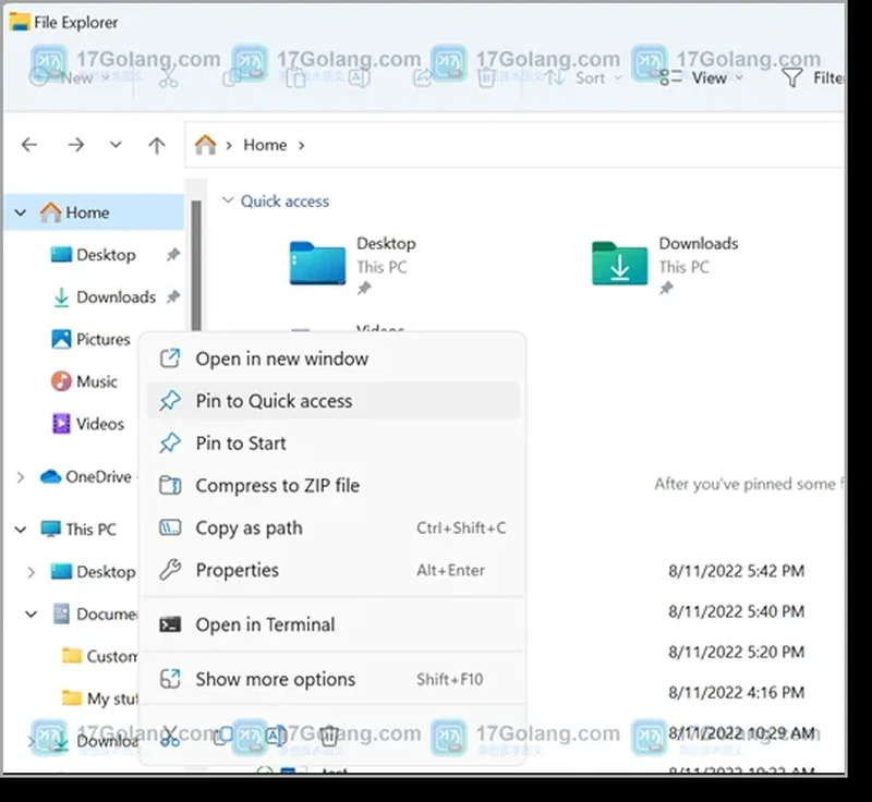 Microsoft 官方文件资源管理器右键菜单中的 Pin to Quick access 选项