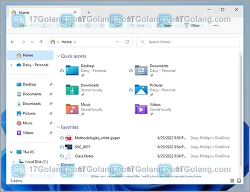 Microsoft 官方 Windows 11 文件资源管理器 Home 页面显示 Quick access、Favorites 与固定文件夹