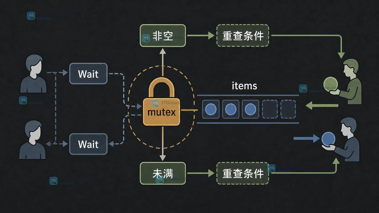 Go sync.Cond 在 mutex 保护下检查有界队列非空和未满条件的工程示意图