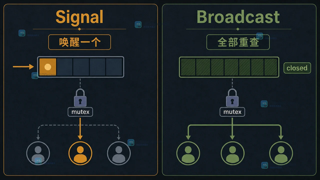 Go sync.Cond 使用 Signal 唤醒单个竞争者、Broadcast 唤醒关闭场景全部等待者的对照图