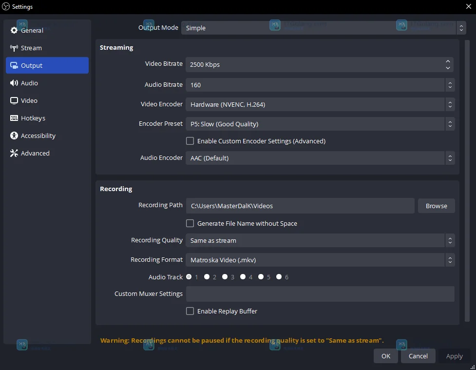 OBS 官方帮助页展示的 Simple Output 录制设置界面，包含 Recording Path、Recording Format 和 Recording Quality