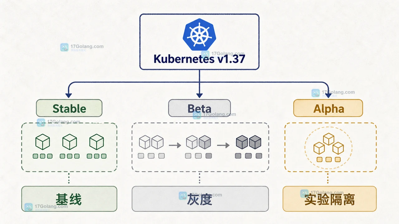 Kubernetes v1.37 稳定等级与采用决策关系图，展示从发布信息到隔离验证的分流