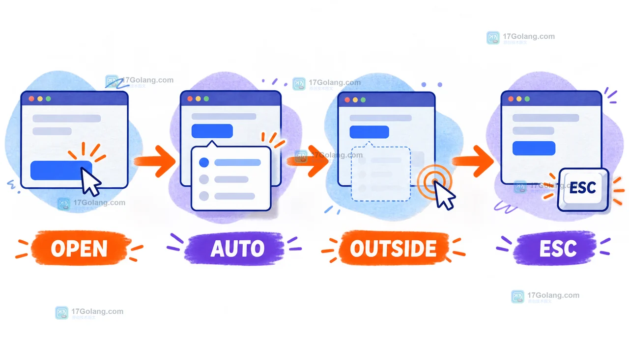 Popover API 从按钮触发到自动关闭的前端交互证据图