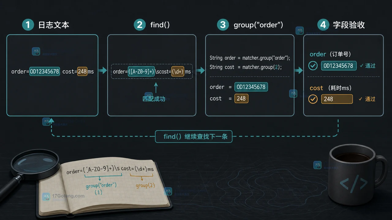 Java Matcher find 循环从日志中提取 order 与 cost 命名捕获组并核对结果的流程条