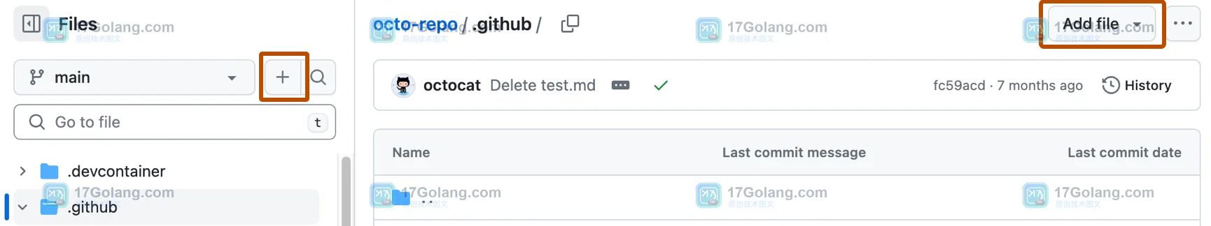 GitHub 仓库文件列表中 Add file 和新建入口的官方截图