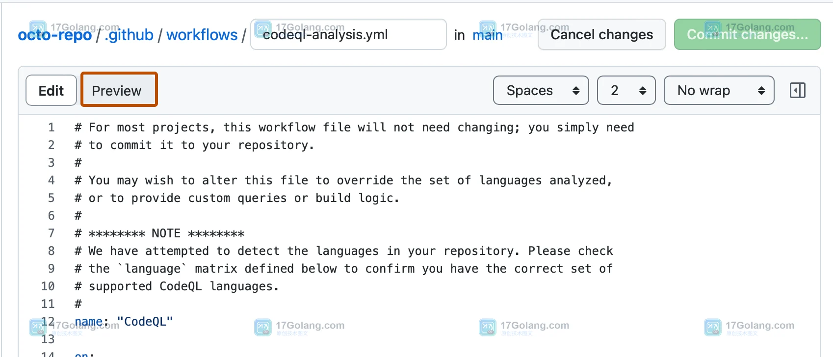 GitHub 官方新建文件编辑器中 Preview 标签和提交按钮截图