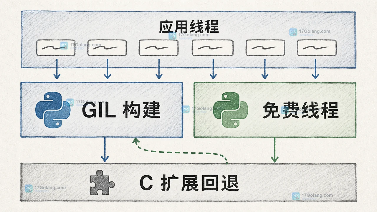 Python 3.15 免费线程评估中的应用线程、解释器构建与 C 扩展三层关系，展示扩展兼容导致 GIL 回退的路径