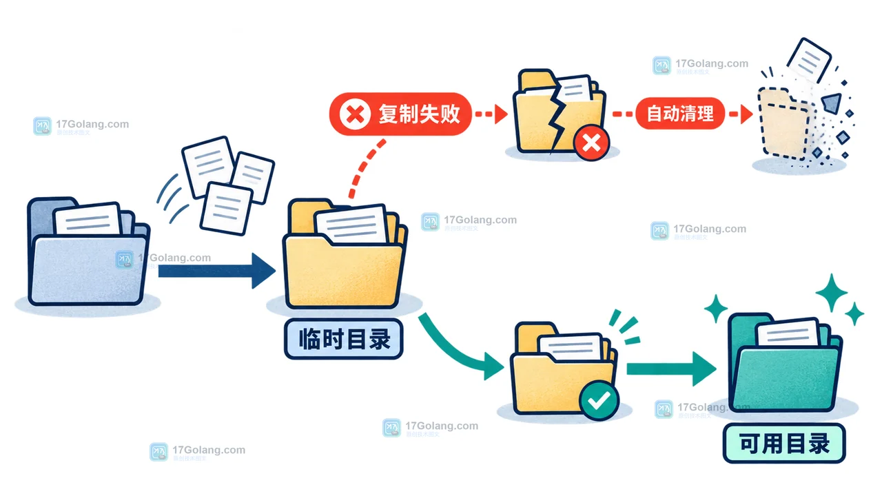 Go os.CopyFS 失败清理流程，复制错误进入删除临时目录，成功后进入可用状态