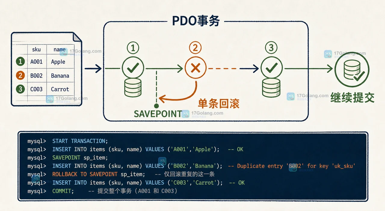 PHP PDO 批量导入中 SAVEPOINT 将单条失败记录回滚而保留已校验记录的二维工程证据图