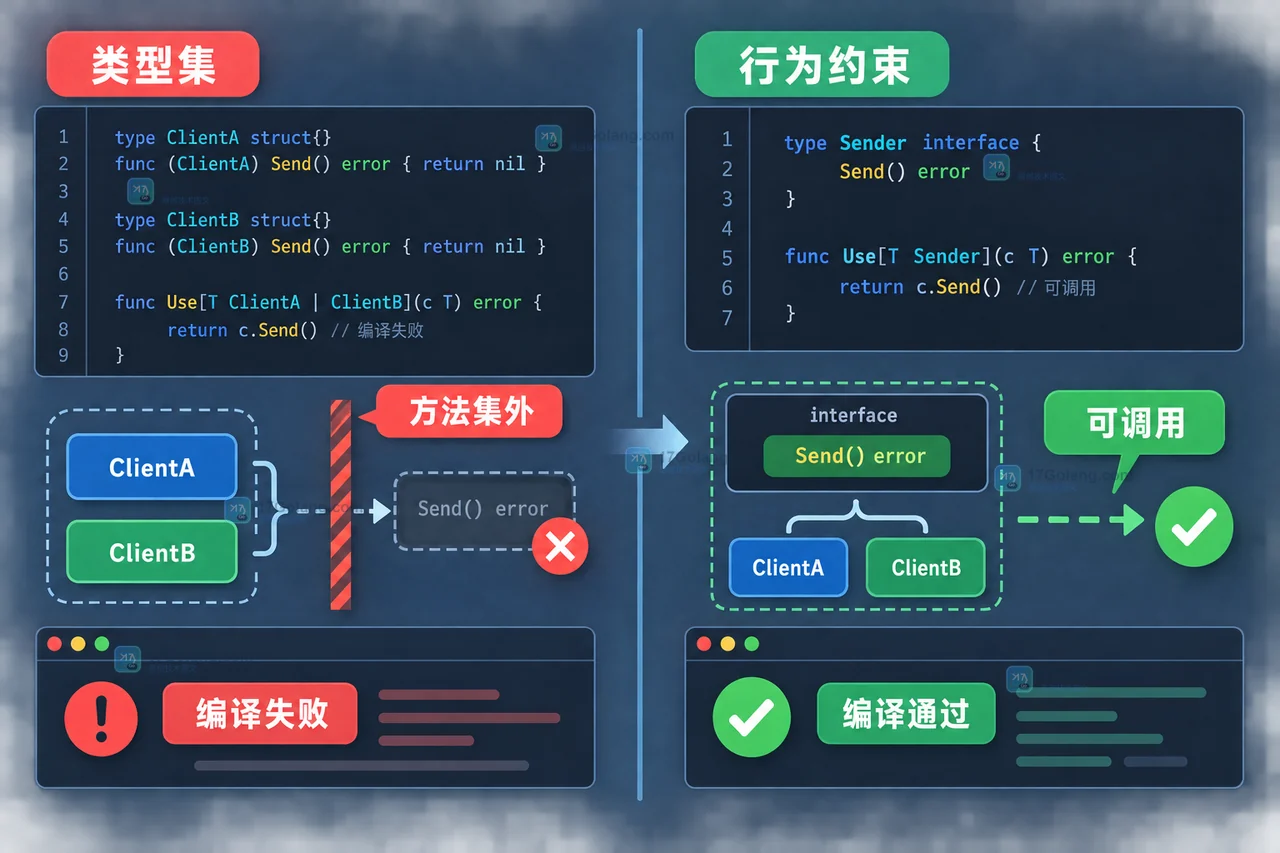 Go 泛型 API 从类型集限制改为 Send 行为约束后的编译失败与编译通过对比