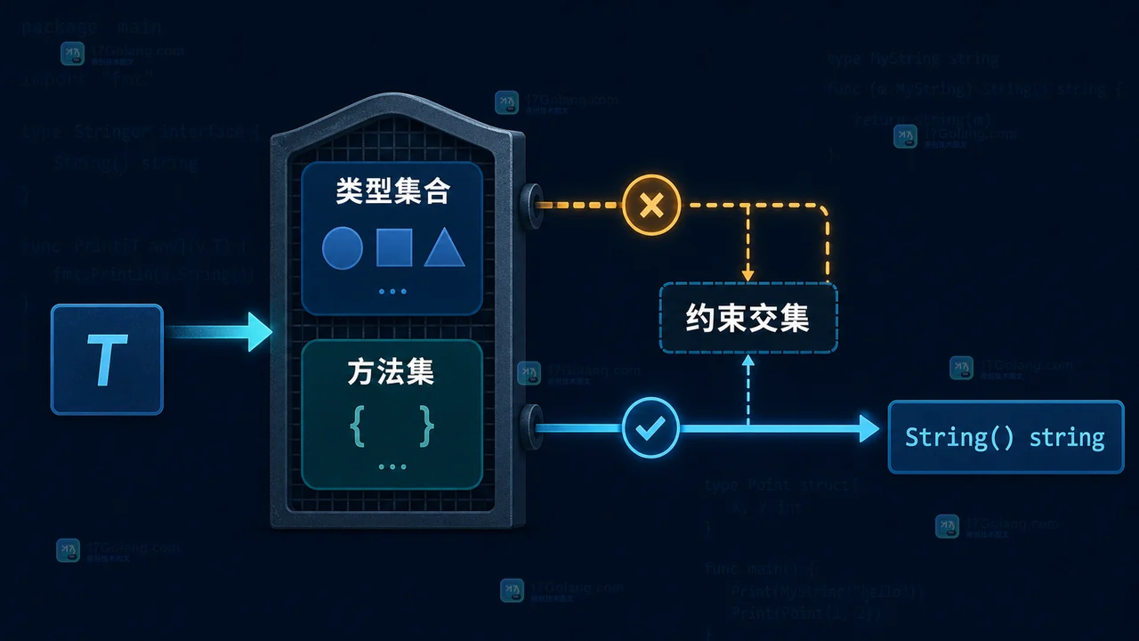 Go 泛型约束解析路径：类型集合与方法集交集导致 String 调用受限