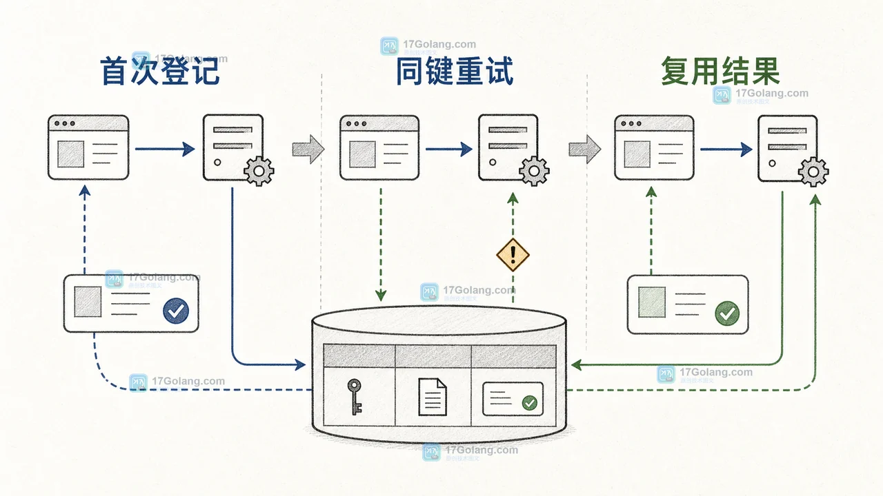 MySQL 批量接口中相同幂等键从首次登记到重复响应的请求流转示意图