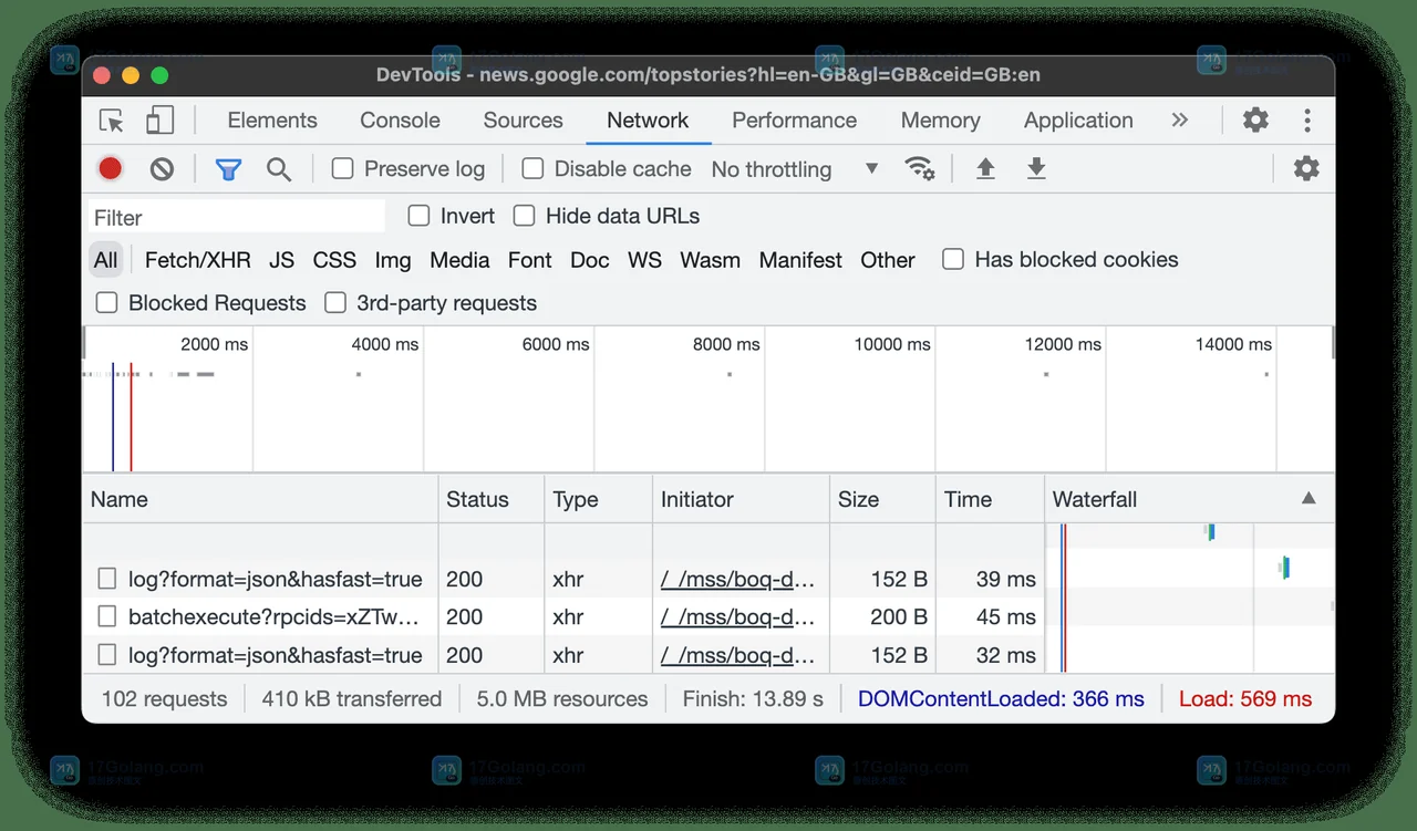 Chrome DevTools Network 面板入口与网页请求列表