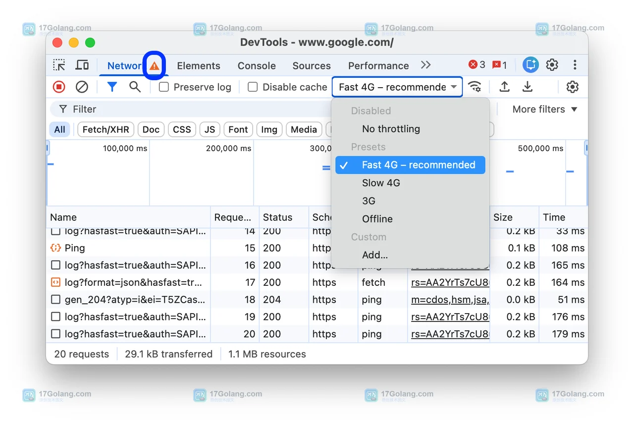 Chrome DevTools Network 网络限制菜单与请求列表中的 No throttling 恢复选项