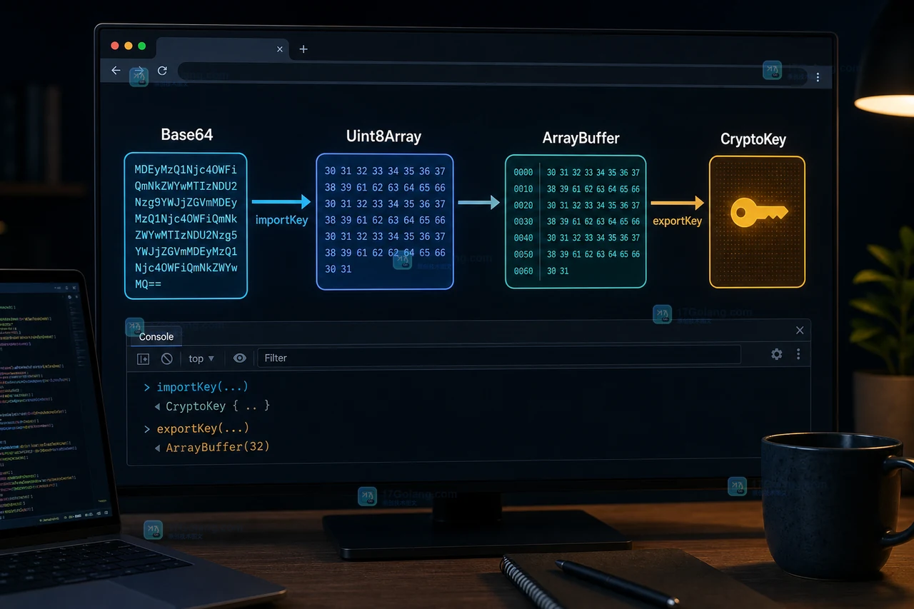 Web Crypto API 中 Base64、Uint8Array、ArrayBuffer 与 CryptoKey 的数据边界示意,展示导入和导出方向