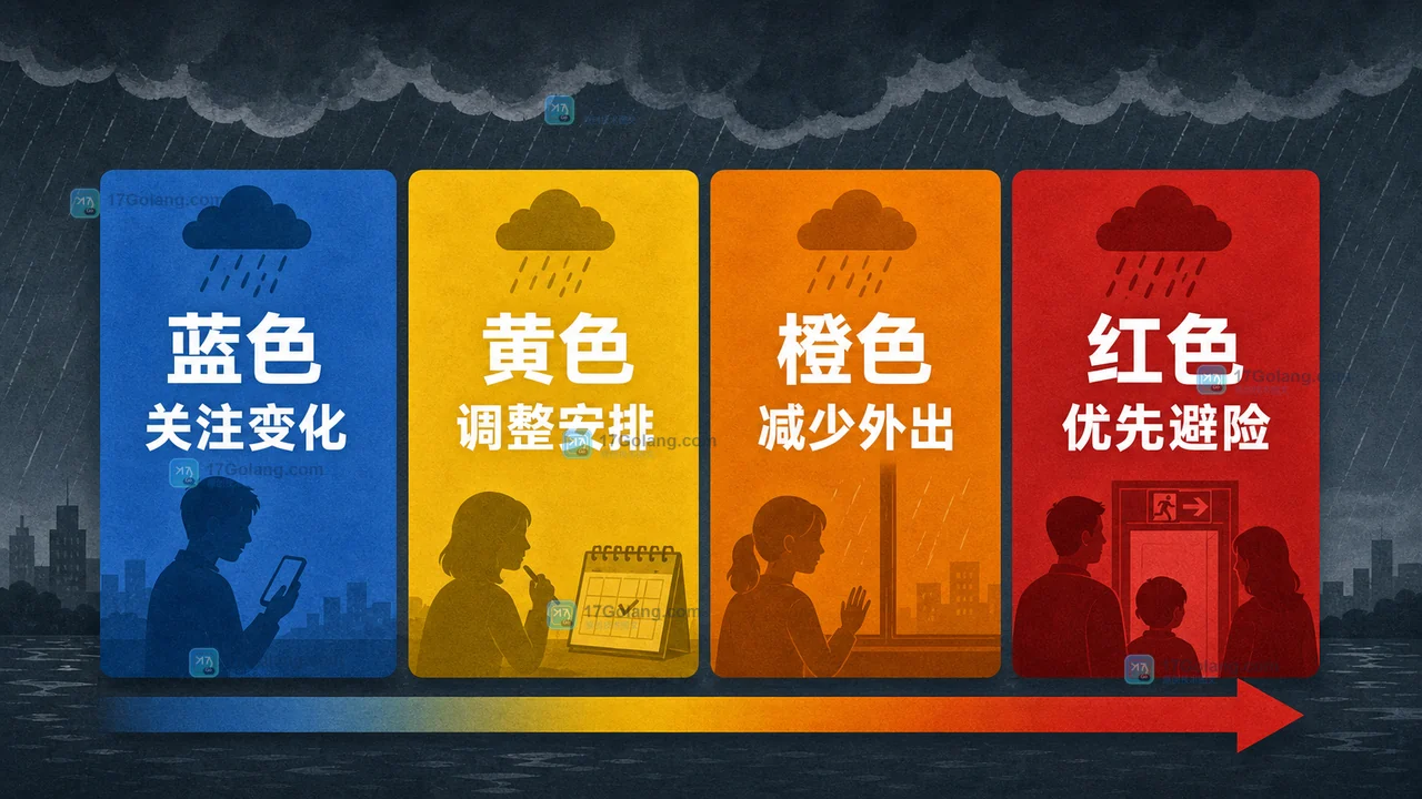 暴雨蓝黄橙红四级预警从关注变化到优先避险的生活答案卡