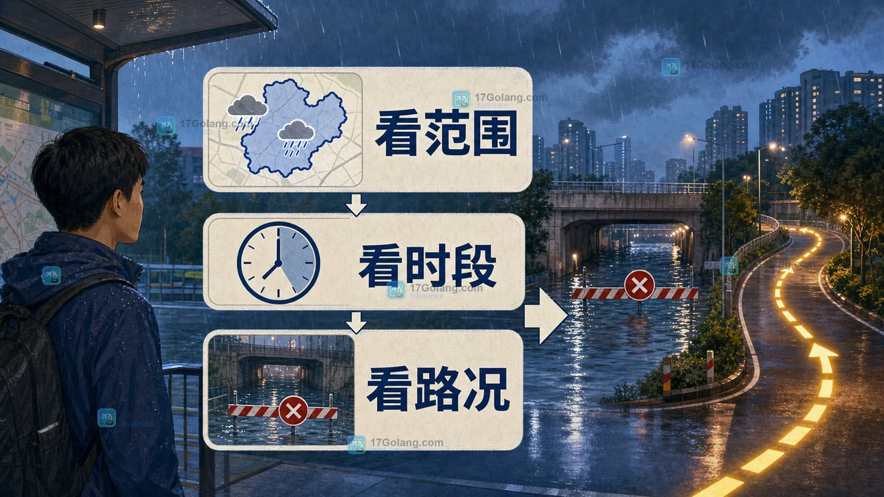 暴雨预警下根据预警范围和路况选择延期、绕行或就地避险的出行判断图