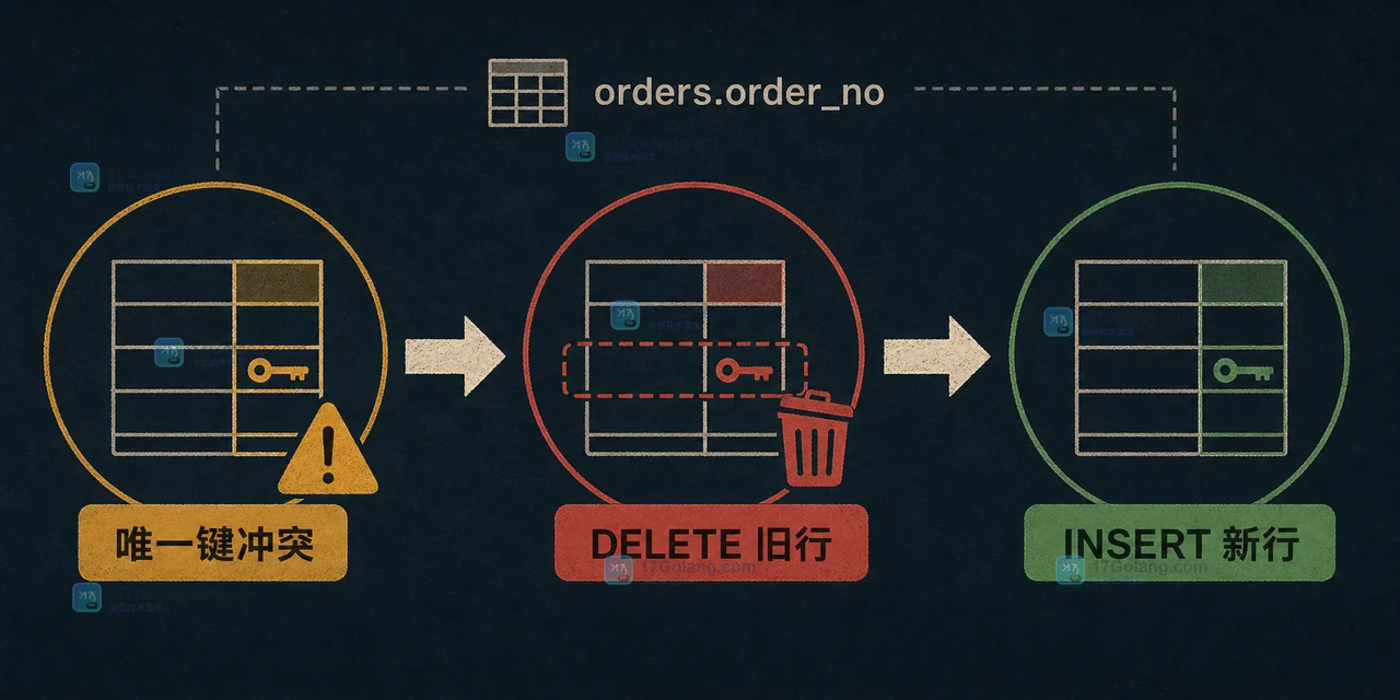 MySQL REPLACE INTO 遇到唯一键冲突后从冲突检测到删除再插入的链路示意图