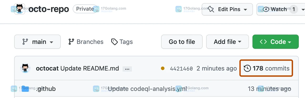 GitHub 仓库首页的 commits 入口,展示分支、文件列表和提交记录链接